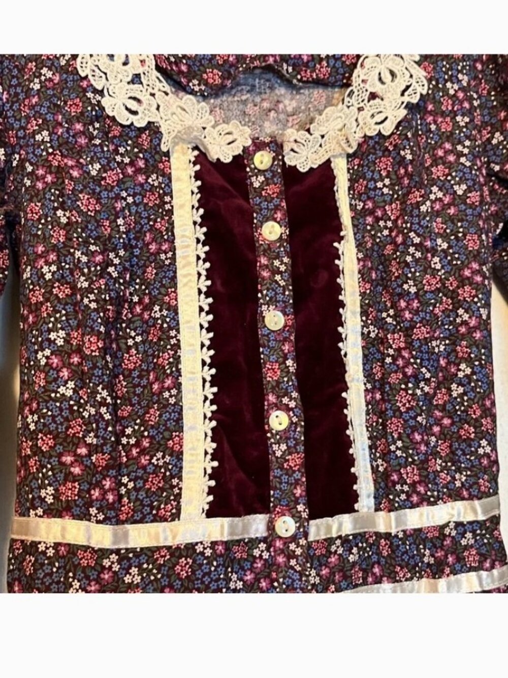 Gunne Sax Purple Pink Red Floral Print Calico Lace Button Velvet Midi Maxi Dress - Picture 3 of 4